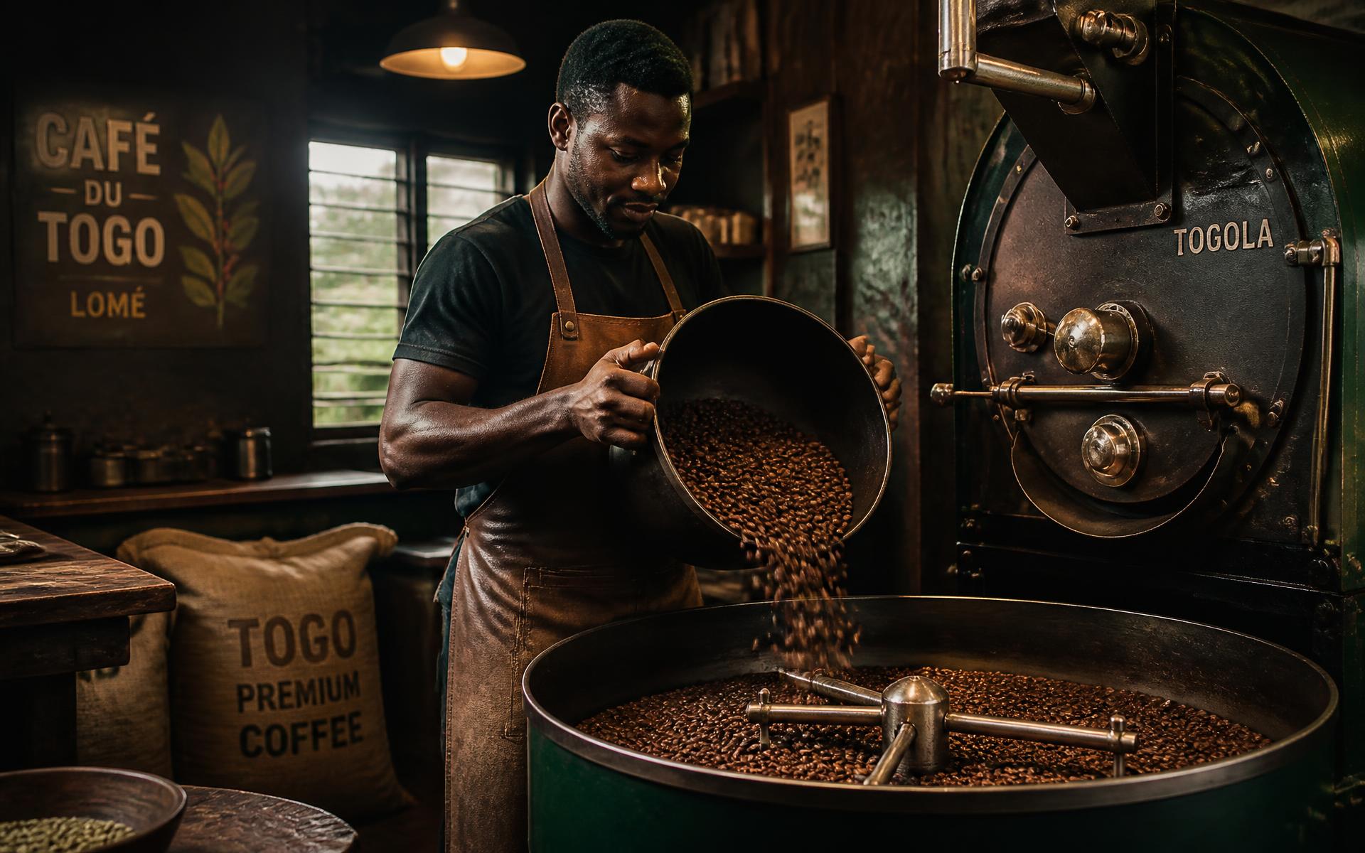 Torréfacteur togolais versant des grains de café fraîchement torréfiés